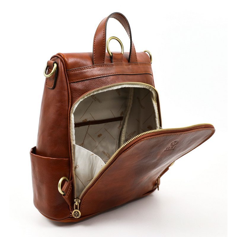 Cognac Brown Full Grain Italian Leather Backpack - The Waves Time Resistance