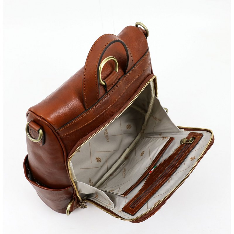 Cognac Brown Full Grain Italian Leather Backpack - The Waves Time Resistance