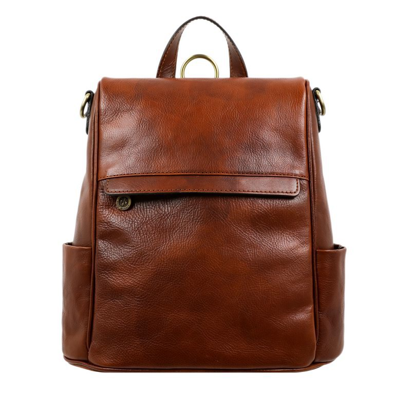 Cognac Brown Full Grain Italian Leather Backpack - The Waves Time Resistance