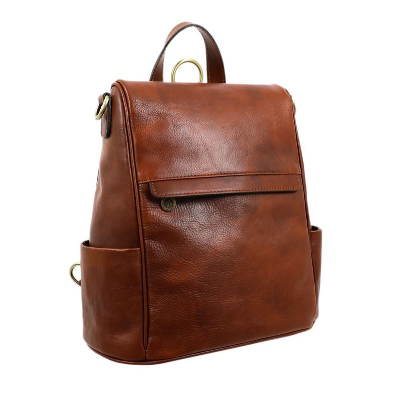 Cognac Brown Full Grain Italian Leather Backpack - The Waves Time Resistance