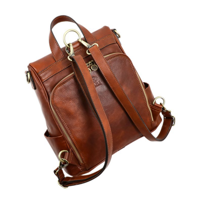 Cognac Brown Full Grain Italian Leather Backpack - The Waves Time Resistance