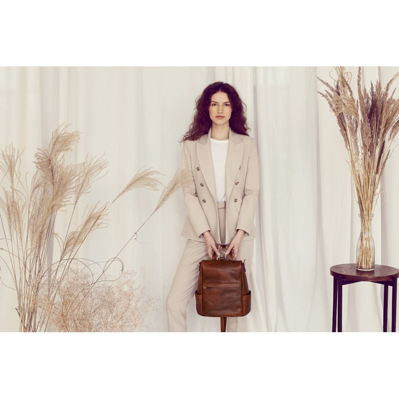 Cognac Brown Full Grain Italian Leather Backpack - The Waves Time Resistance