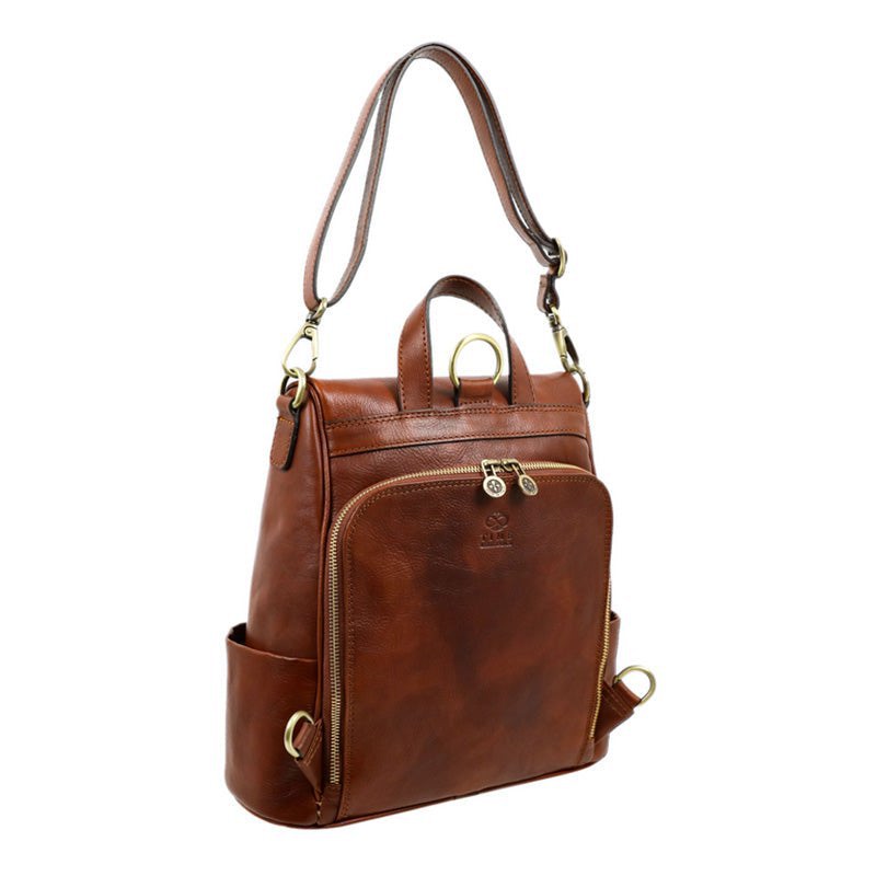Cognac Brown Full Grain Italian Leather Backpack - The Waves Time Resistance