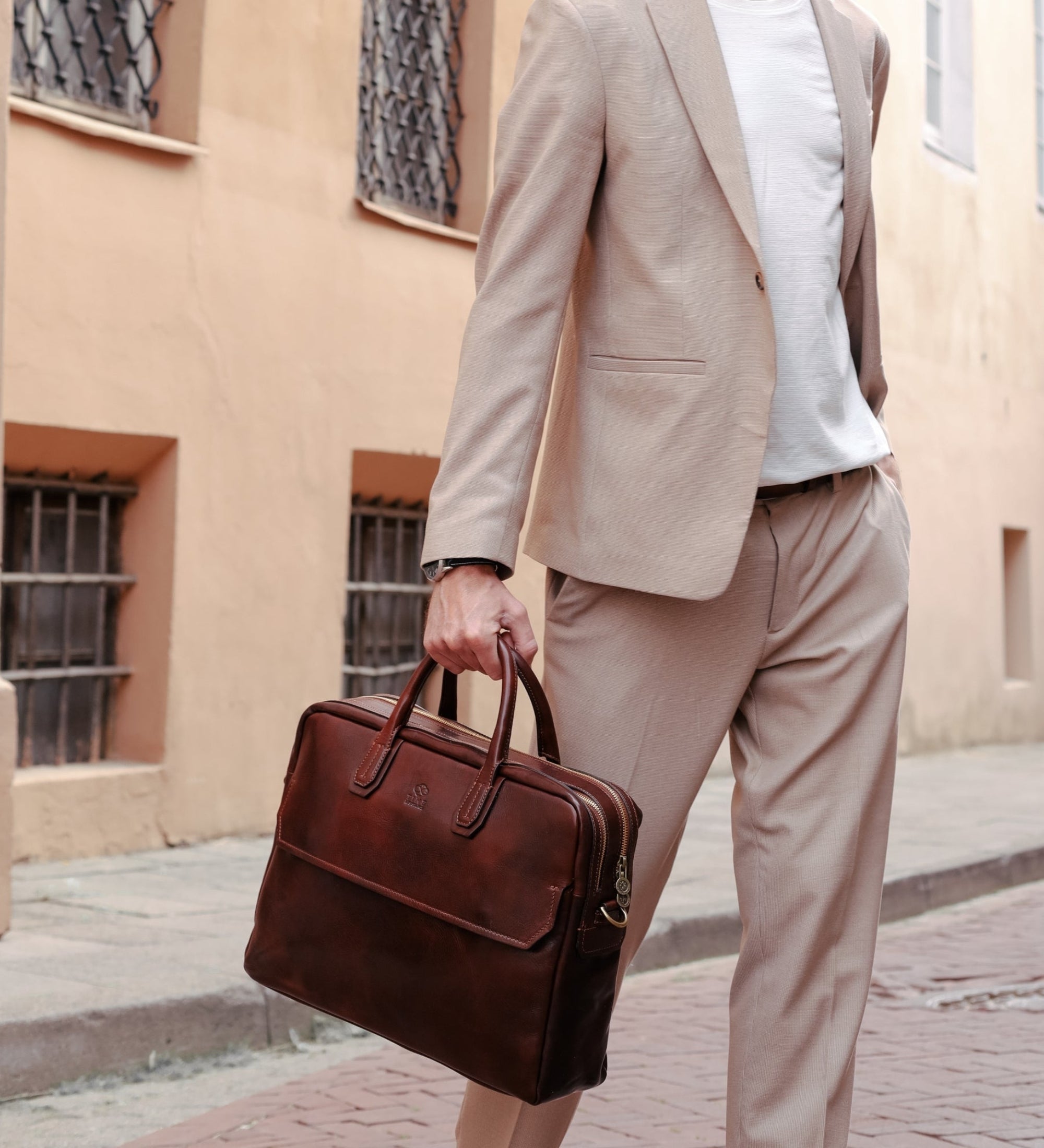 Large Full Grain Italian Leather Briefcase Laptop Bag - Nostromo