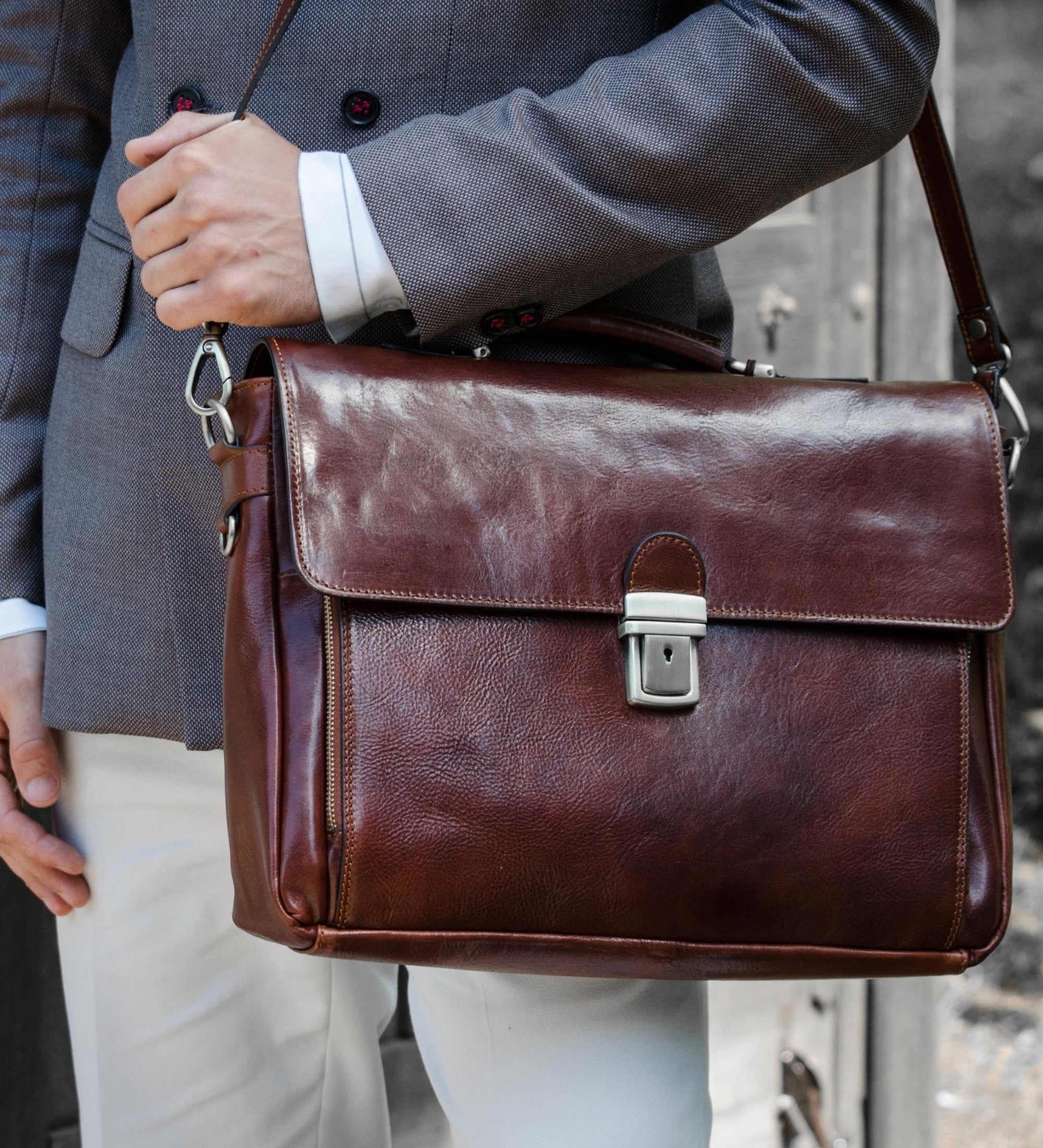 Full Grain Italian Leather Briefcase Laptop Bag  - In Cold Blood