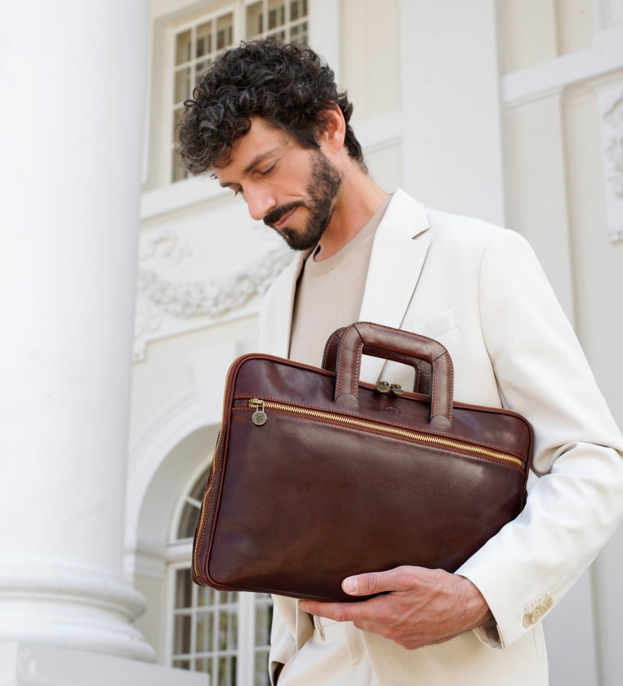 Full Grain Italian Leather Briefcase Laptop Bag - Brave New World