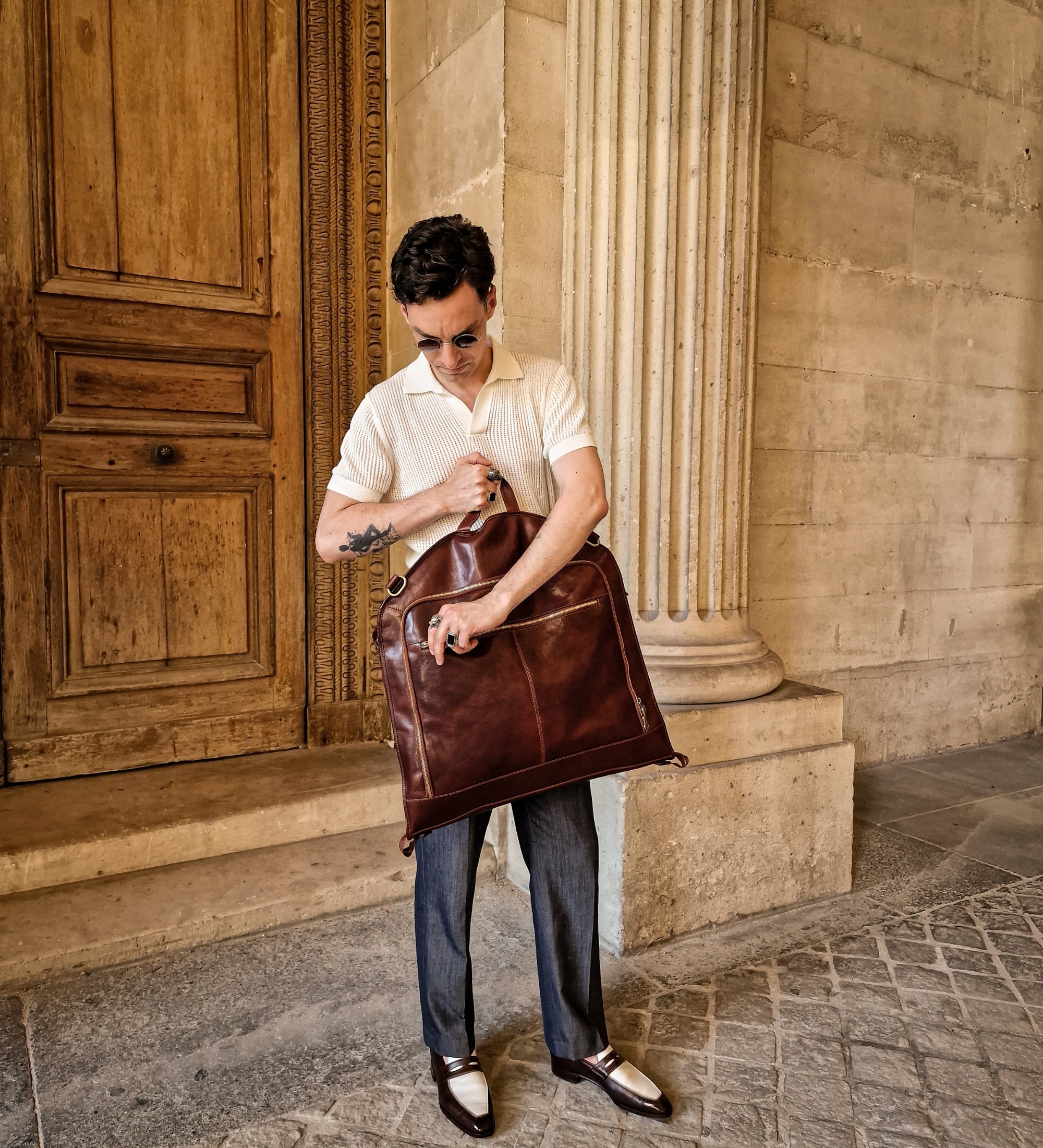 Full Grain Italian Leather Garment / Suit Bag - Travels with Charley