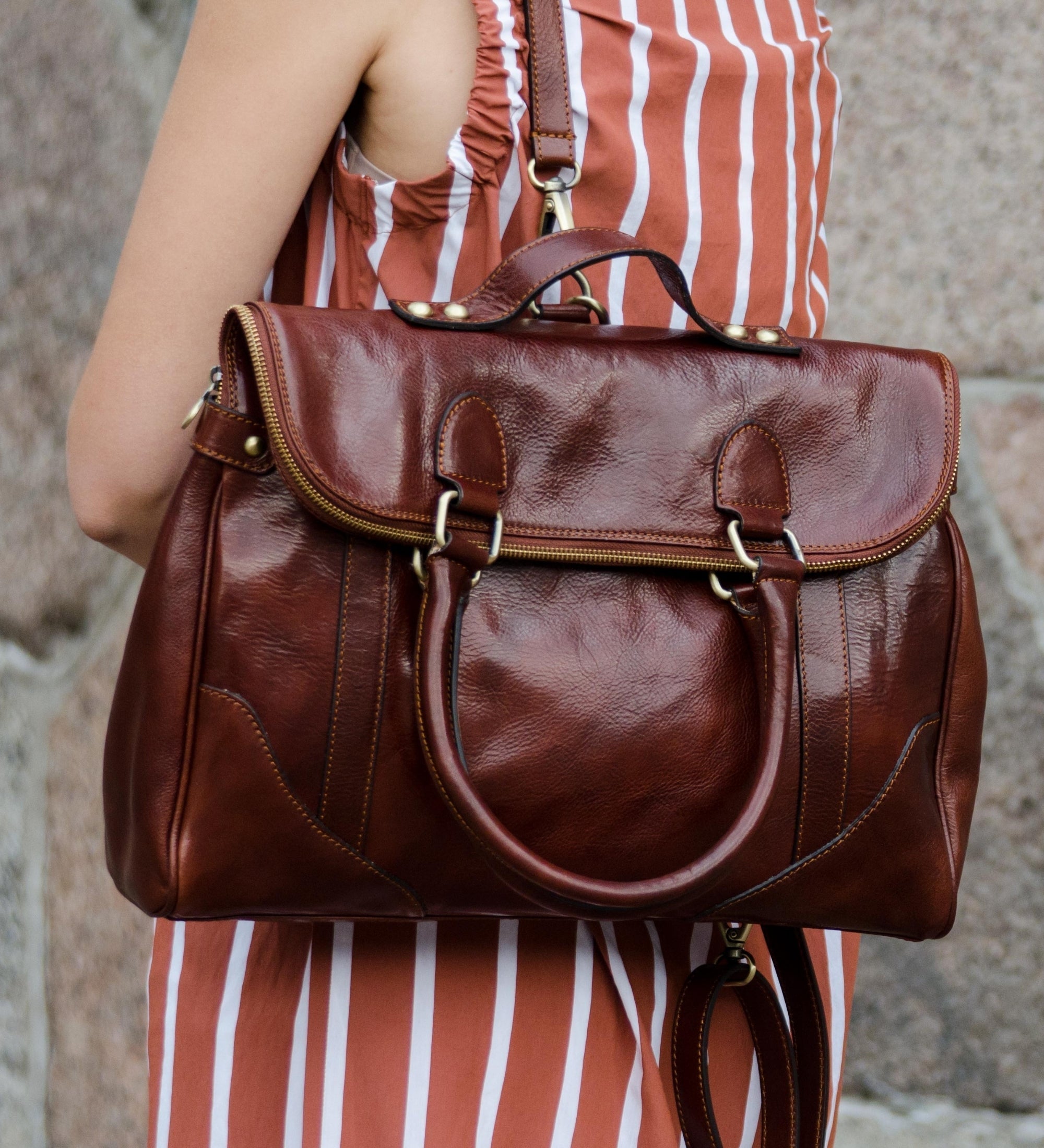 Brown Womens Full Grain Italian Leather Backpack Tote Bag - Charlotte's Web