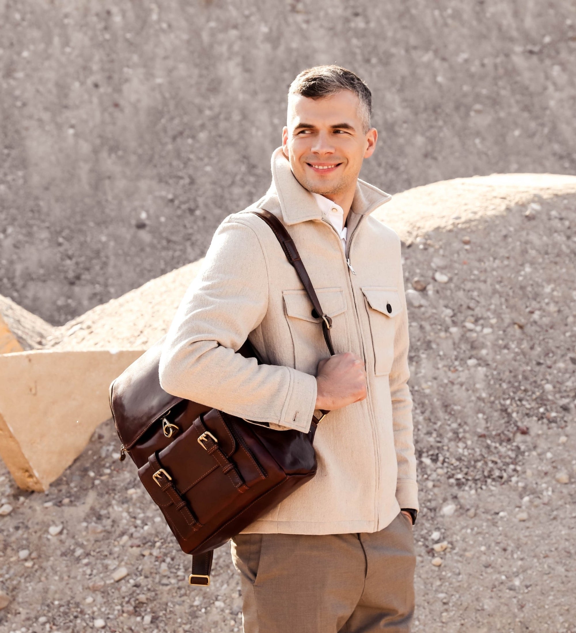 Brown Large Unisex Full Grain Italian Leather Backpack - The Odyssey