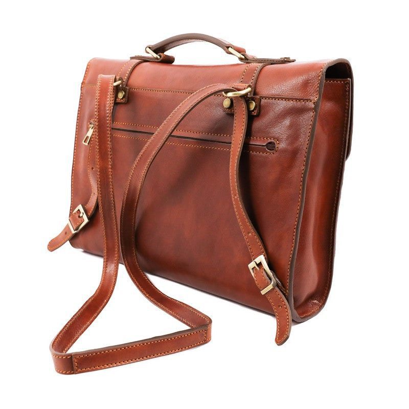 Full Grain Italian Leather Belted Briefcase, Convertible Backpack - The Glass Menagerie Time Resistance