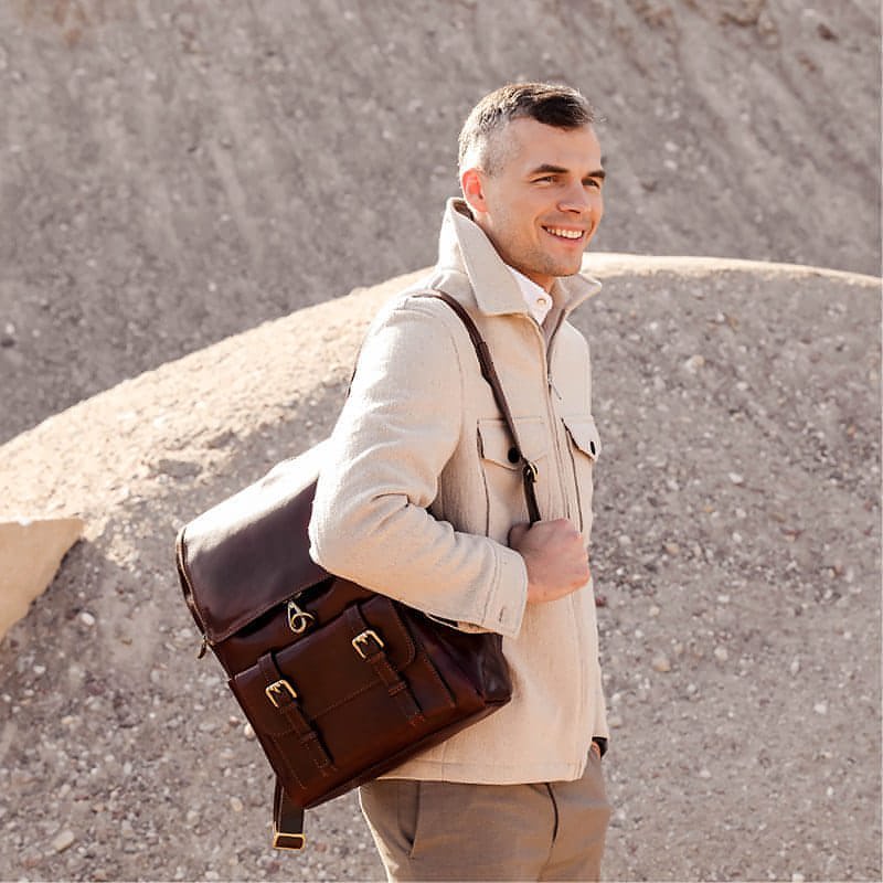 Brown Large Unisex Full Grain Italian Leather Backpack - The Odyssey Time Resistance