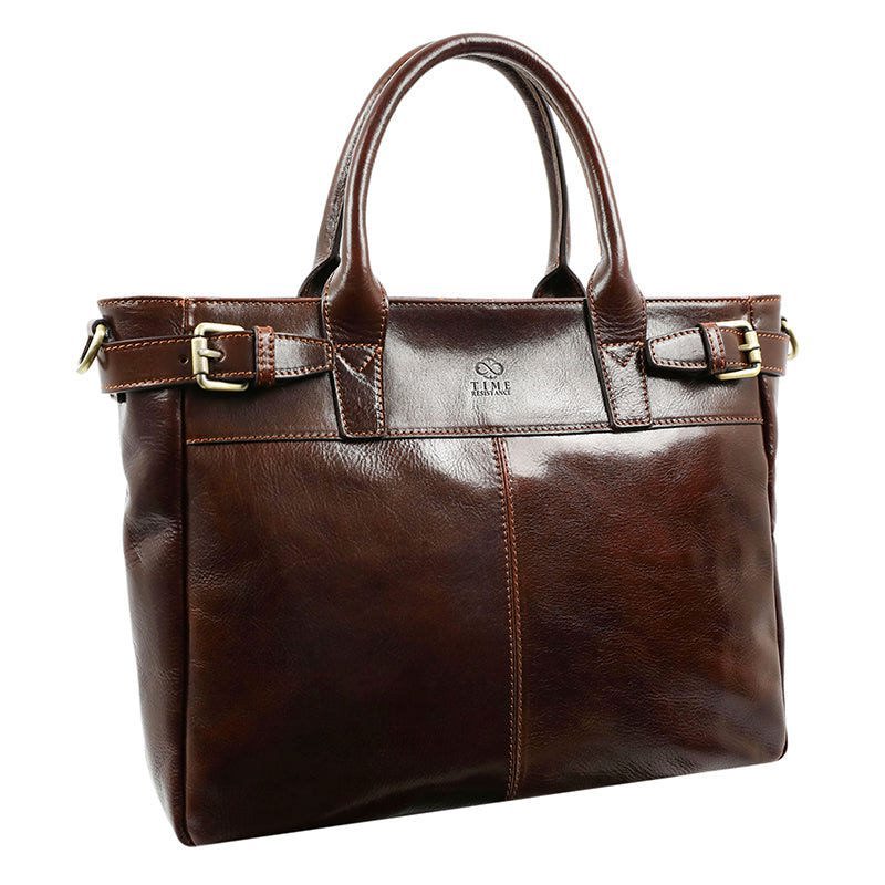 Brown Full Grain Italian Leather Handbag, Tote Bag with Zipper - Lorna Doone Time Resistance