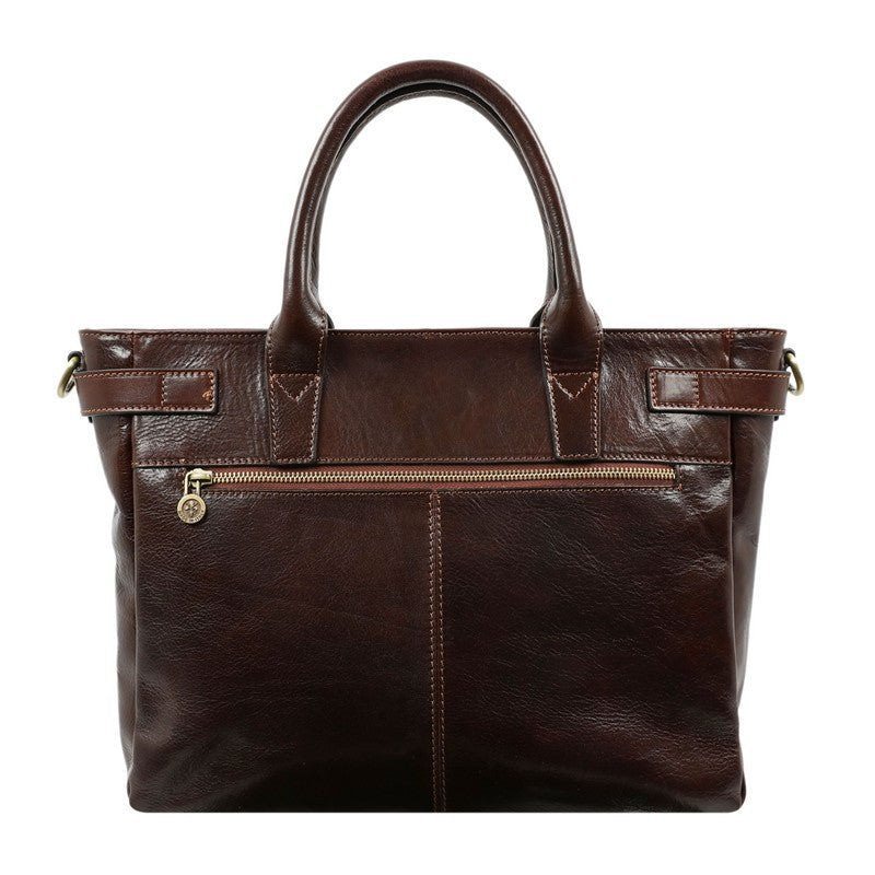 Brown Full Grain Italian Leather Handbag, Tote Bag with Zipper - Lorna Doone Time Resistance