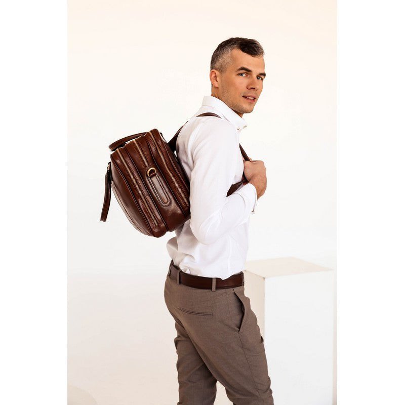 Brown Full-Grain Italian Leather Convertible Briefcase Backpack - A Farewell to Arms Time Resistance