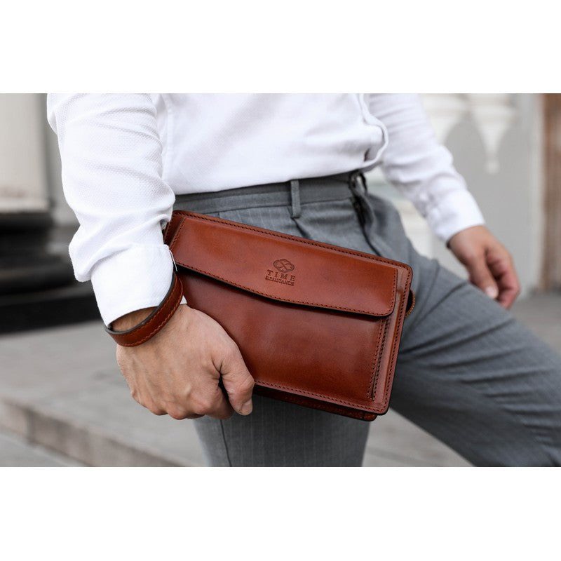 Brown Full Grain Italian Leather Clutch Purse - Decameron Time Resistance