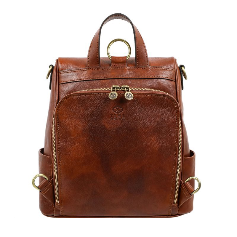 Cognac Brown Full Grain Italian Leather Backpack - The Waves Time Resistance