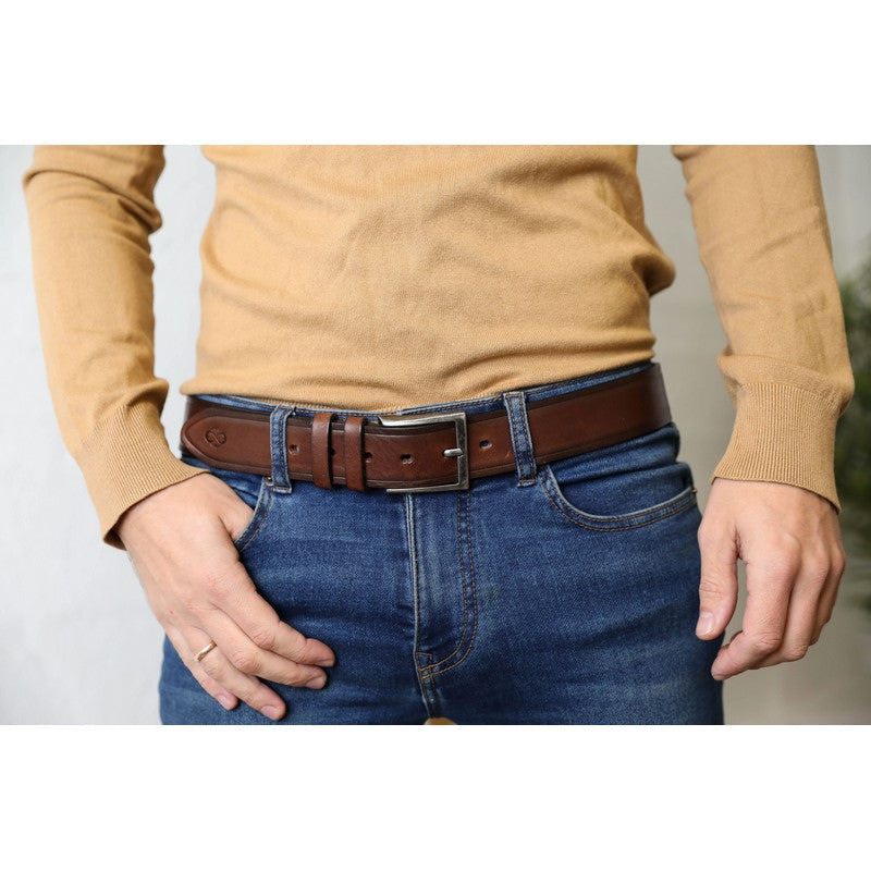 Mens Full Grain Italian Leather in Brown Leather Belt - North and South Time Resistance