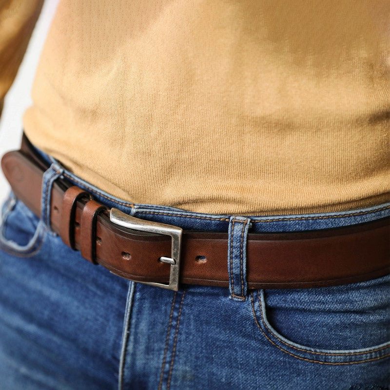 Mens Full Grain Italian Leather in Brown Leather Belt - North and South Time Resistance