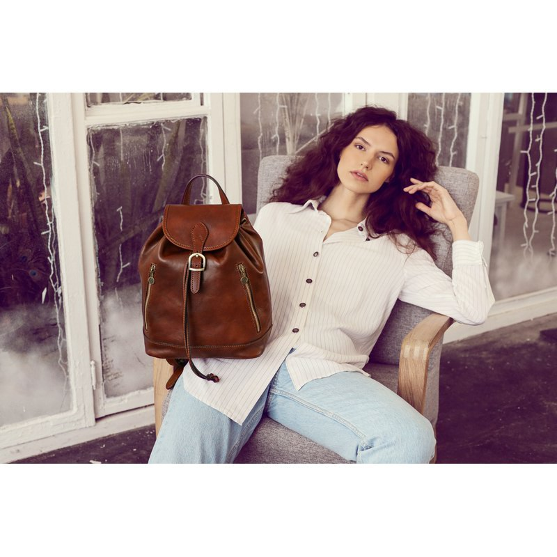 Full Grain Italian Leather Backpack White Noise Cognac Brown