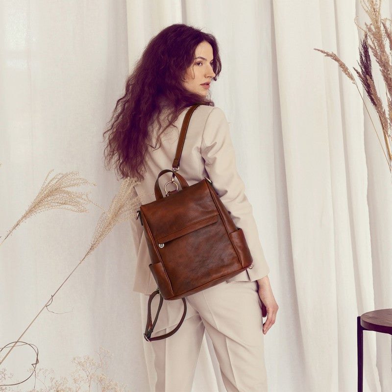 Cognac Brown Full Grain Italian Leather Backpack - The Waves Time Resistance