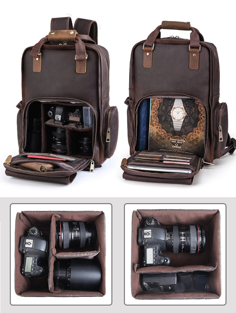 Steel Horse Leather The Mann Bag Large Capacity Leather Camera Backpack