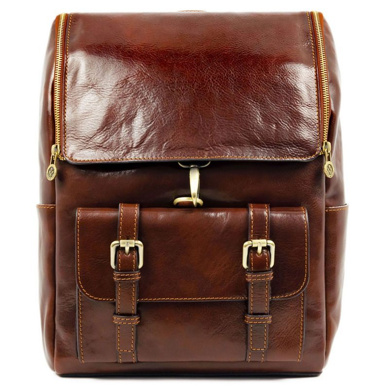 Brown Large Unisex Full Grain Italian Leather Backpack - The Odyssey Time Resistance