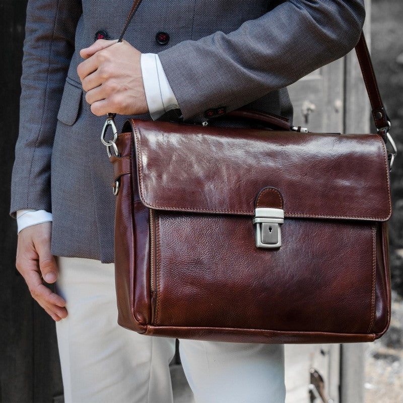 Full Grain Italian Leather Briefcase Laptop Bag  - In Cold Blood Time Resistance