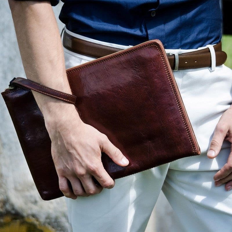 Men Travel Clutch Bag Genuine Leather Charger Cable Electronic Accessories  Pouch | eBay