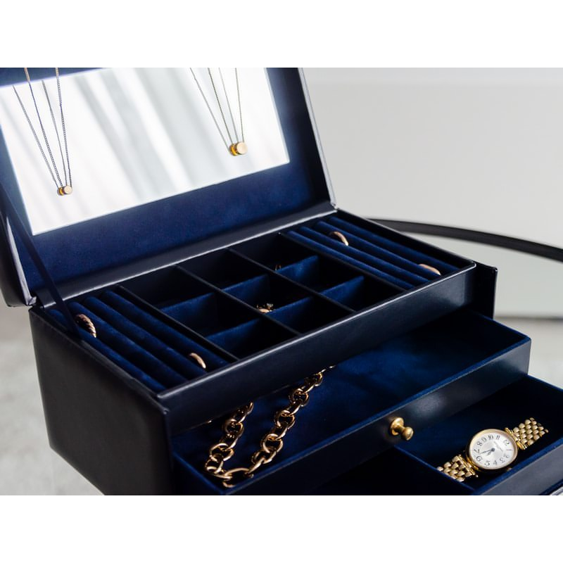 Navy Blue Full Grain Italian Leather Jewellery Box - Beloved Time Resistance