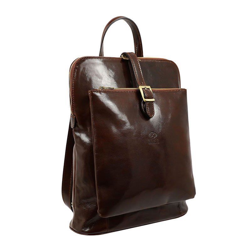 Brown Full Grain Italian Leather Backpack Convertible Bag - Emma Time Resistance