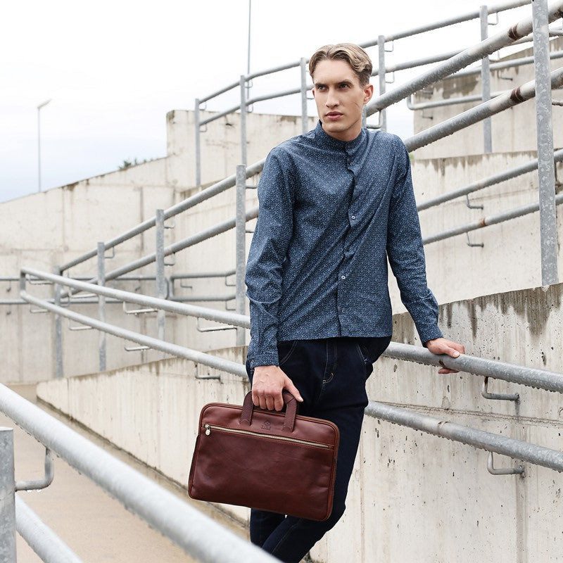 Full Grain Italian Leather Briefcase Laptop Bag - Brave New World Time Resistance